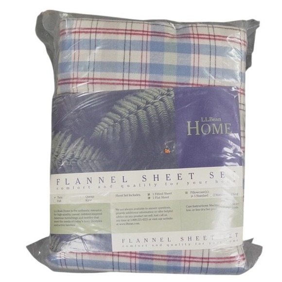 LL Bean Flannel Sheet Set Twin Bay Blue Plaid Lakehouse Bedding NOS